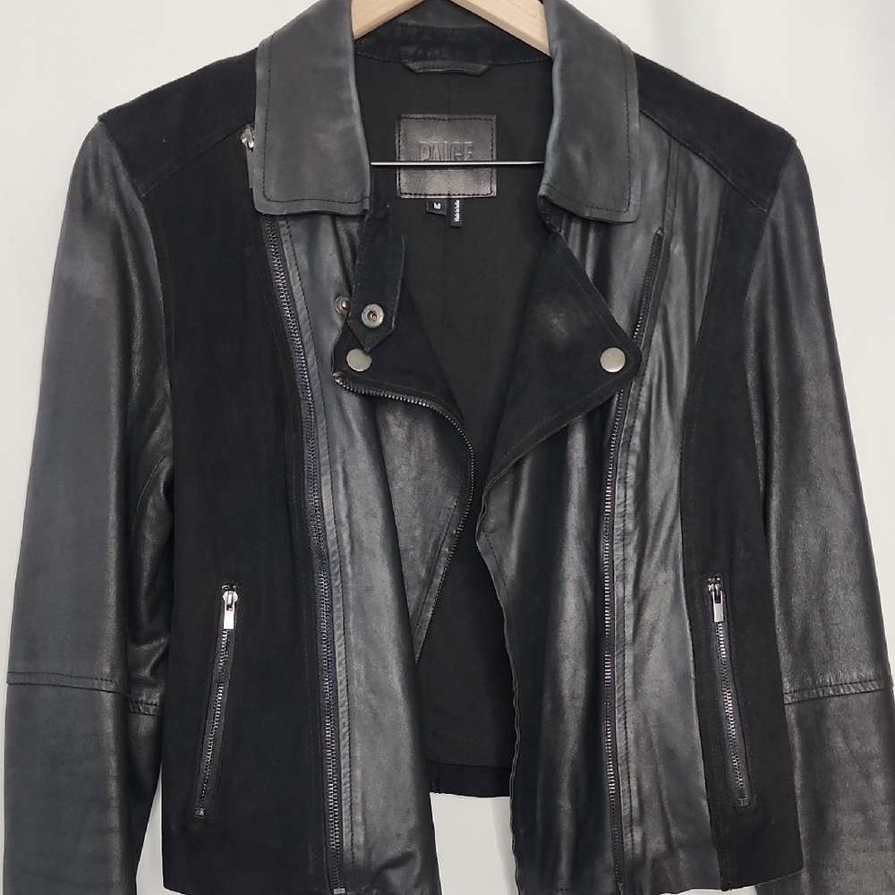 PAIGE Black Leather Jacket with Suede And Zipper Details Size Medium - Picture 2 of 9
